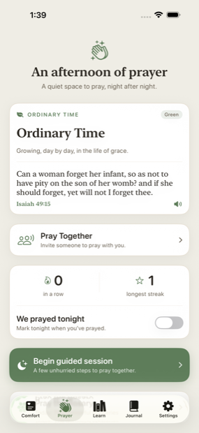 A quiet prayer space with the liturgical day and Pray Together